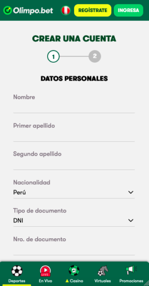 captura de pantalla del formulario de registro en la aplicación móvil olimpo bet