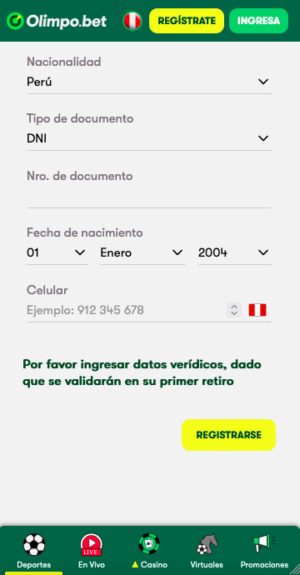 formulario de confirmación de registro en la aplicación móvil olimpo bet